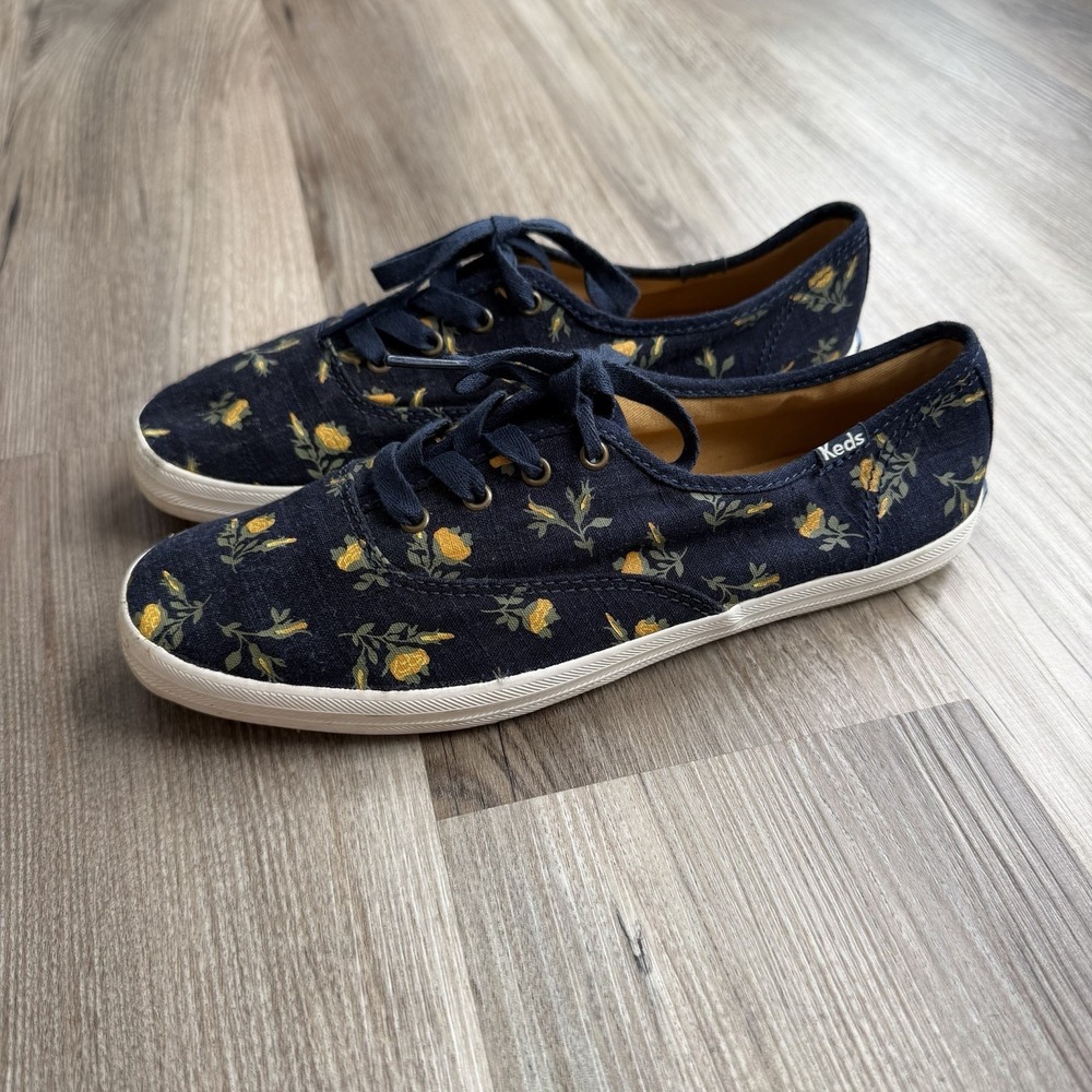 Vintage Y2K KEDS Navy Sneakers Canvas Yellow Flowers Women's Size 7.5